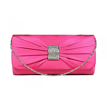 Evening Bag - 12 PCS - Satin w/ Rhinestone Square Charm Bow - Fuchsia - BG-92021FU